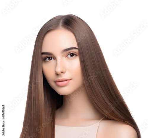 Photography of young brunette woman with hazel eyes and perfect skin isolated on white background transparent png. Generative Ai