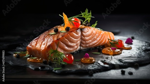 Salmon on a wooden table with a blurred background