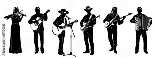 Country Band Silhouettes Set. Singer girl with acoustic guitar, banjo man, bass guitarist, accordionist, violin player. Microphone with stand is the separate object. Vector cliparts isolated on white.