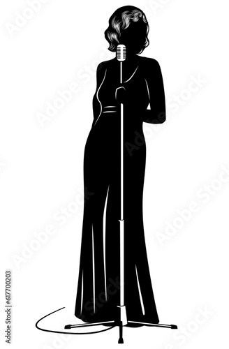 Silhouette of jazz singer woman. Vector clipart isolated on white.