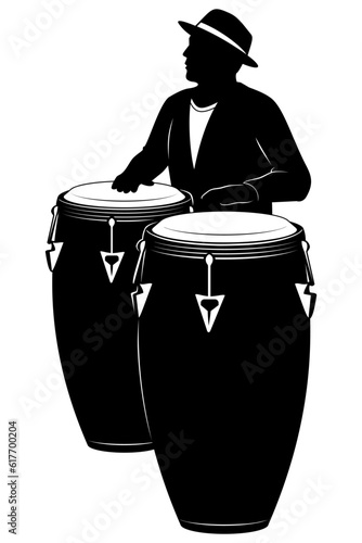 Silhouette of man playing on a percussion. Vector clipart isolated on white.