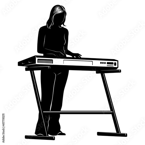 Silhouette of woman playing on a music keyboard. Vector clipart isolated on white.