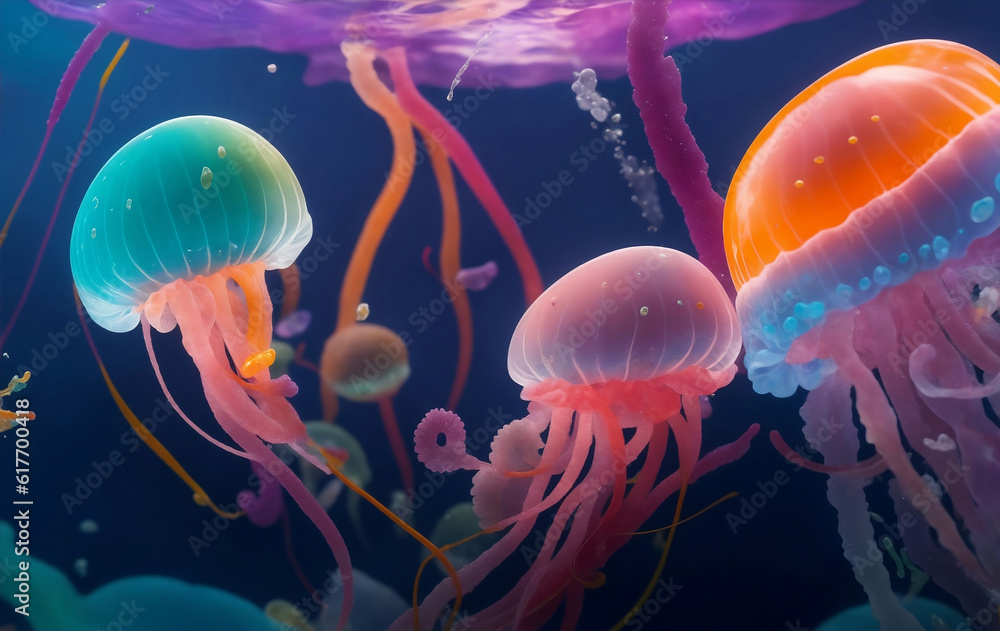 Naklejka premium Colorful jellyfish under the sea, Generative AI Illustration.