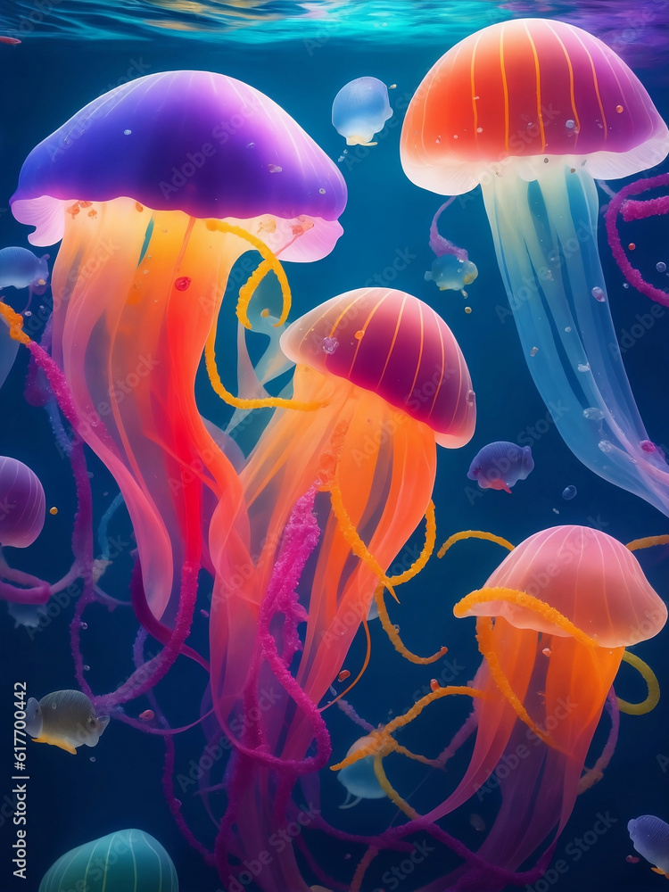 Colorful jellyfish under the sea, Generative AI Illustration. Colorful jellyfish under the sea, Generative AI Illustration.