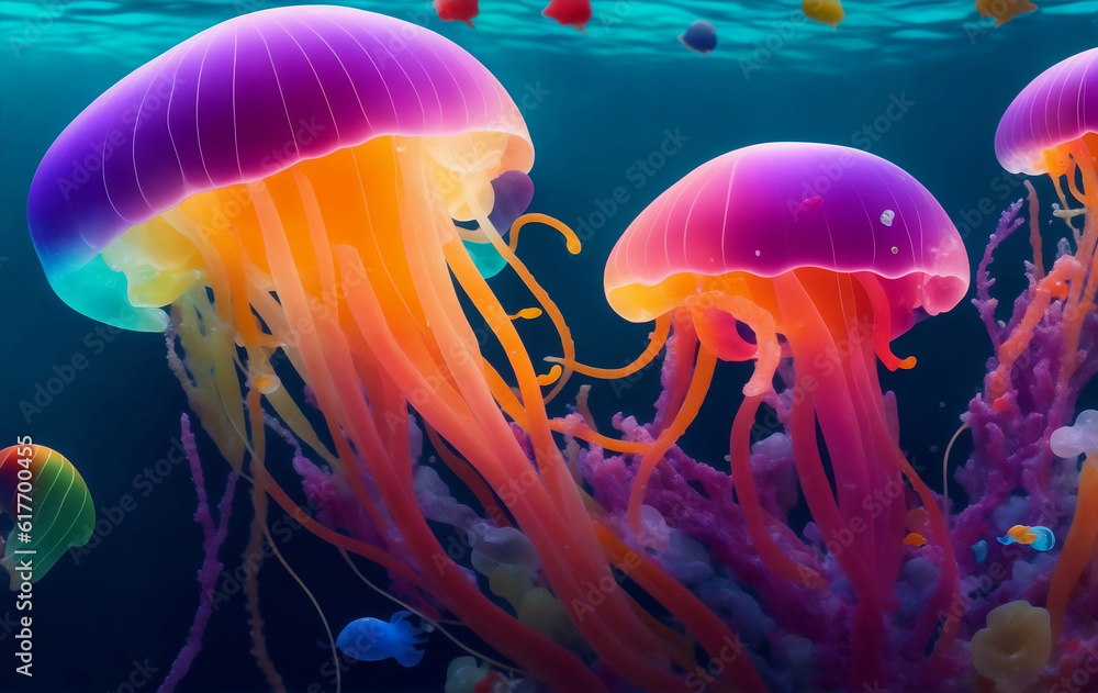 Naklejka premium Colorful jellyfish under the sea, Generative AI Illustration.