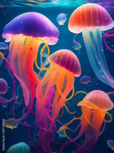 Colorful jellyfish under the sea, Generative AI Illustration. © Creative_Bringer