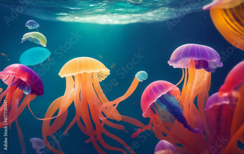 Colorful jellyfish under the sea, Generative AI Illustration.