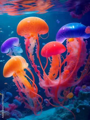 Colorful jellyfish under the sea  Generative AI Illustration.