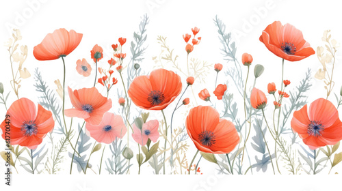 Poppy flowers watercolor border. Illustration AI Generative.