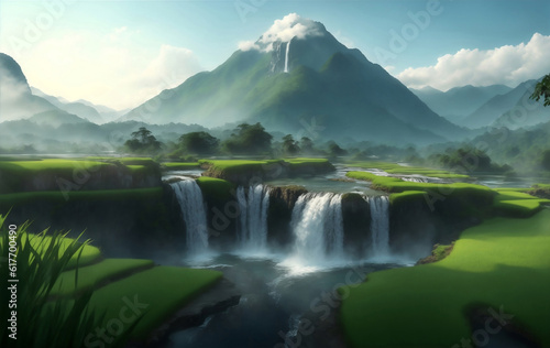 Rice field with mountain and waterfall in Thailand, Generative AI Illustration.