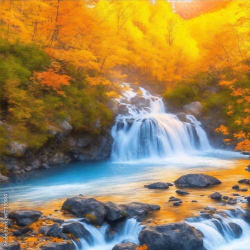 Waterfall at mountain river in autumn forest at sunset Generated to AI
