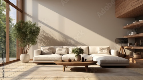 Modern interior design of living room with white sofa, coffee table, soft stucco wall. Created with generative AI. © Muzaffer Stock