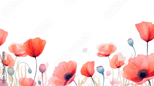 Poppy flowers watercolor border. Illustration AI Generative.