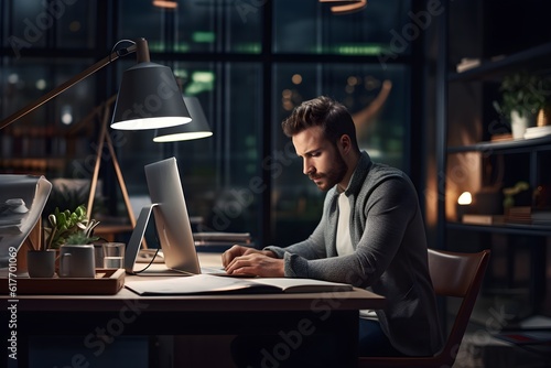 A thought-provoking photograph of a determined entrepreneur working diligently at a modern office desk, symbolizing ambition, innovation, and the pursuit of success. photo