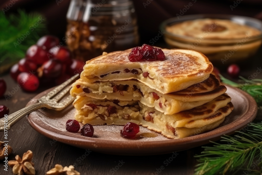 Delicious pancakes with jam and fruit, AI Generated Delicious pancakes with jam and fruit, AI Generated