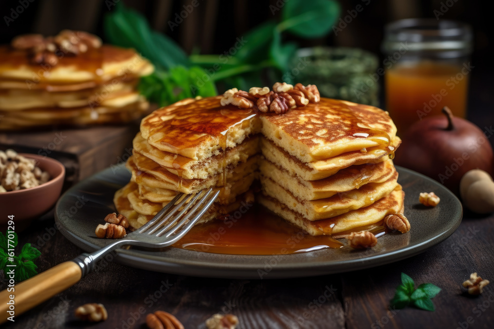 Delicious pancakes with jam and fruit, AI Generated Delicious pancakes with jam and fruit, AI Generated