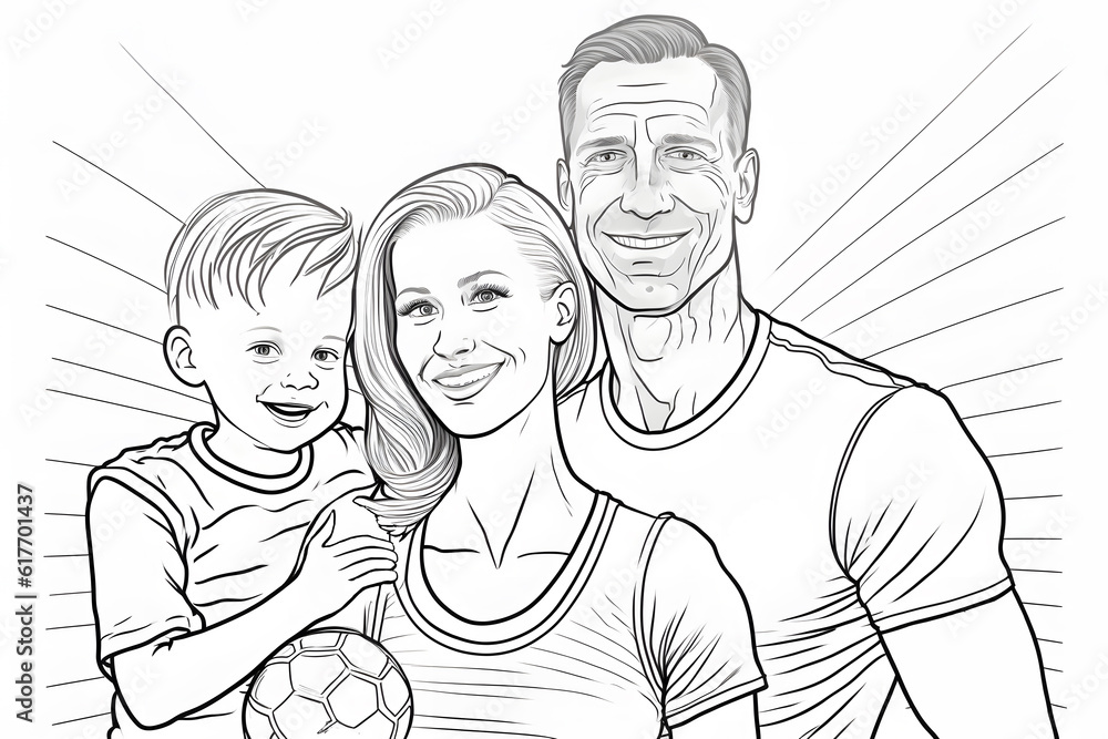 Happy mom, dad and son smile at the camera. Black and white coloring