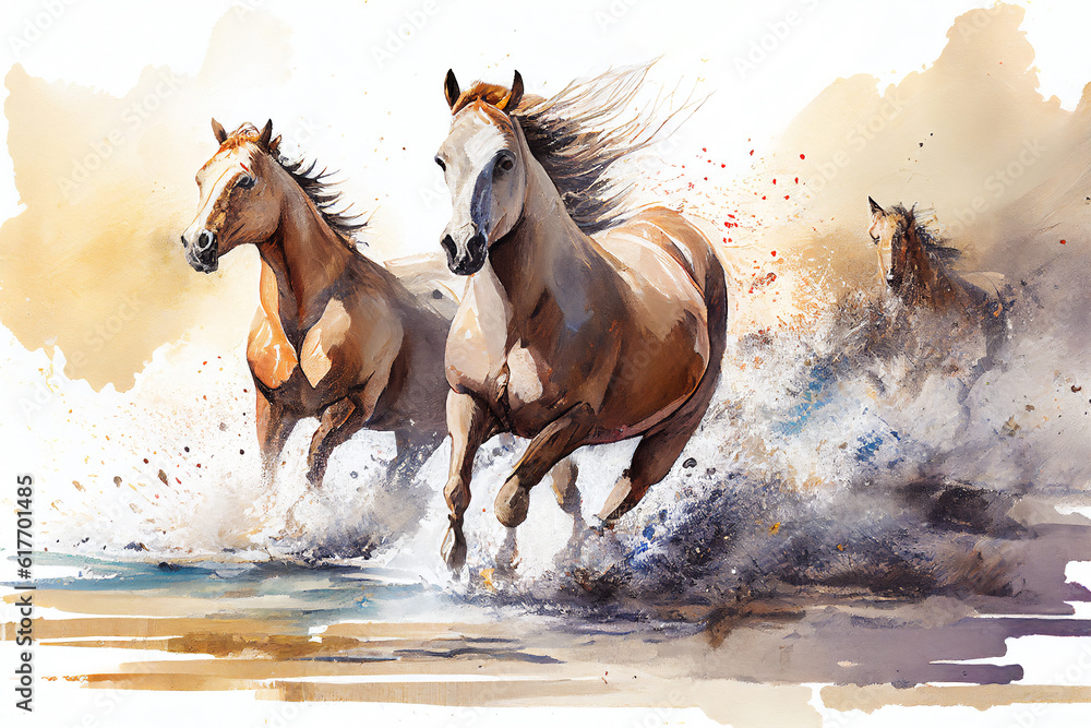 Fototapeta premium Watercolour abstract animal painting of brown horses running through a river which could be used as an equine poster or flyer, computer Generative AI stock illustration image