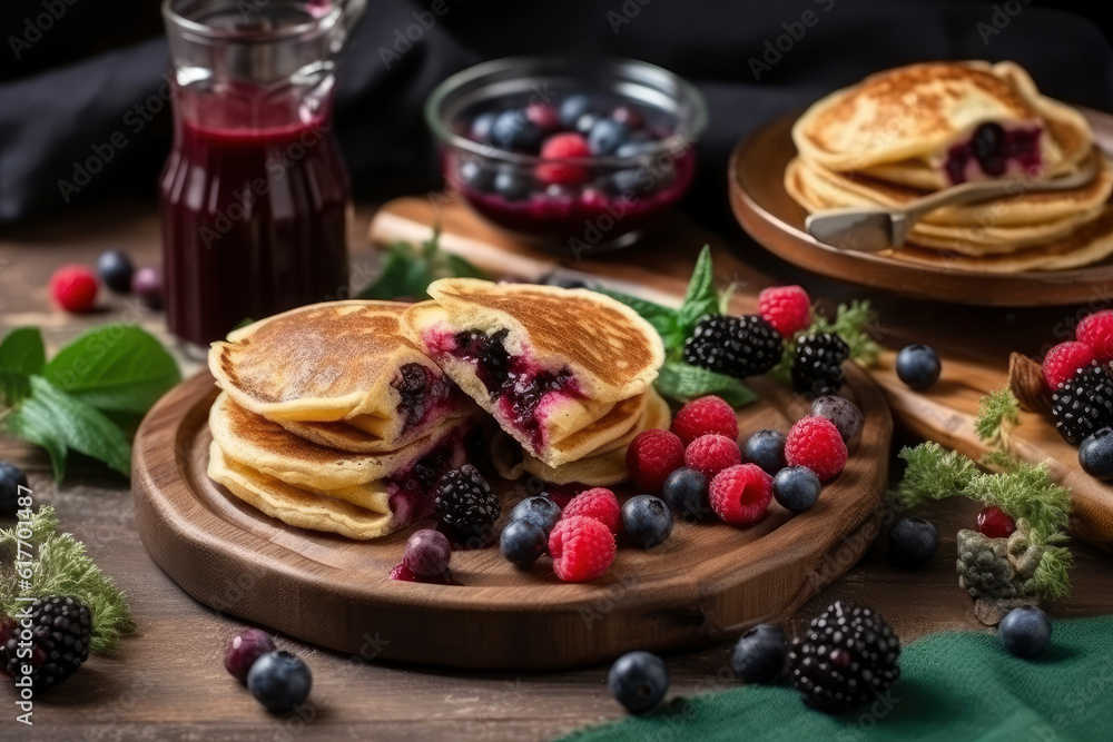 Delicious pancakes with jam and fruit, AI Generated