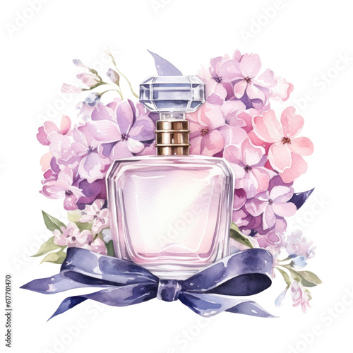 Watercolor perfume with flowers. Illustration AI Generative.