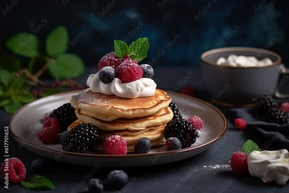 Delicious pancakes with jam and fruit, AI Generated Delicious pancakes with jam and fruit, AI Generated