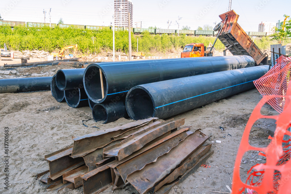 Large diameter plastic pipes for outdoor water supply. Pipes made of