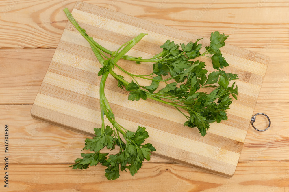 Fresh parsley twigs on cutting board on the rustic table Fresh parsley twigs on cutting board on the rustic table