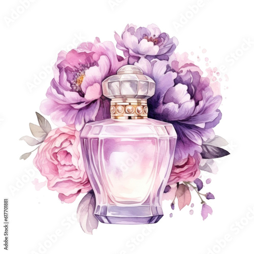 Watercolor perfume with flowers. Illustration AI Generative.