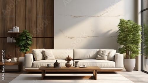 Modern interior design of living room with white sofa  coffee table  soft stucco wall. Created with  generative  AI.