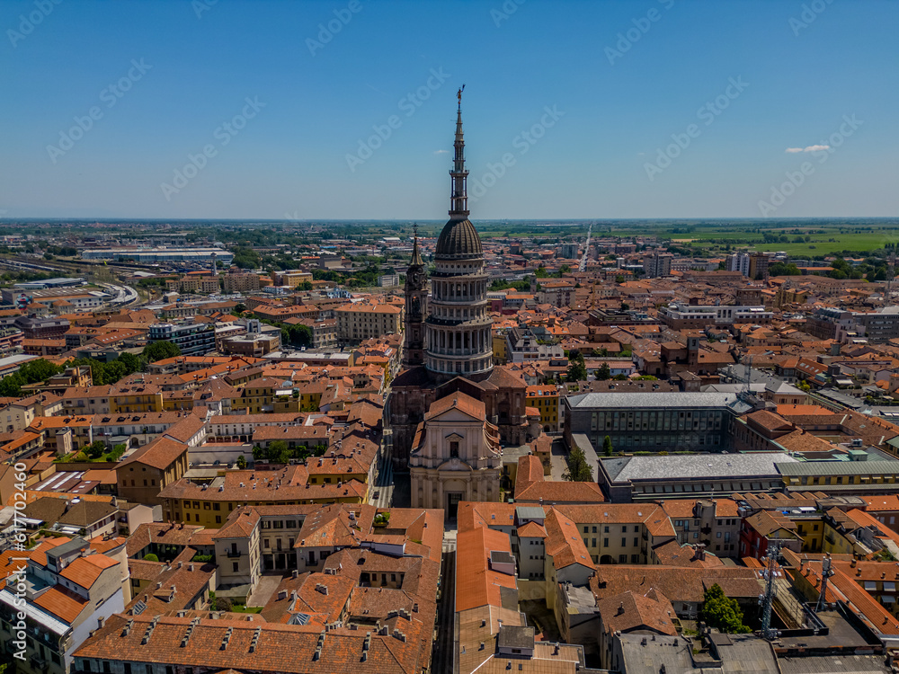 Aerial view Detail of the bell tower of the San Gaudenzio Church in Novara (Piedmont, Northern Italy). It was built in the XIX Century by Alessandro Antonelli. beautiful city in italy