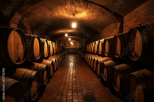 Smooth rows of oak wine barrels in the cellar. Generative AI illustration.