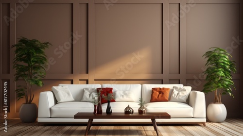 Modern interior design of living room with white sofa  coffee table  soft stucco wall. Created with  generative  AI.