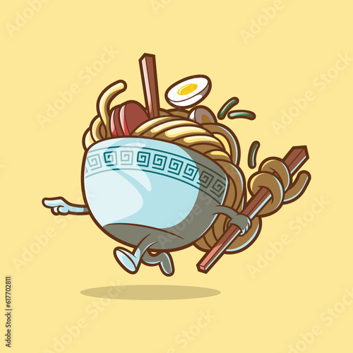 Ramen bowl character running holding chopsticks vector illustration. Food, brand, mascot design concept.