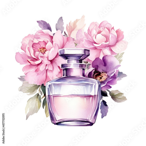 Watercolor perfume with flowers. Illustration AI Generative.