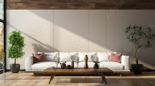 Modern interior design of living room with white sofa, coffee table, soft stucco wall. Created with generative AI.