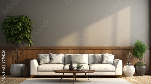 Modern interior design of living room with white sofa  coffee table  soft stucco wall. Created with  generative  AI.