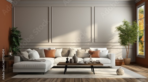 Modern interior design of living room with white sofa  coffee table  soft stucco wall. Created with  generative  AI.