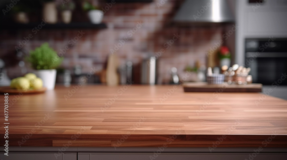 Wooden Counter Against Blurred Kitchen in Background
