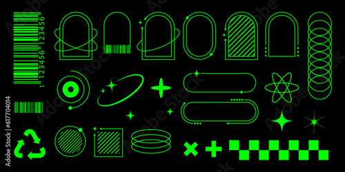 Retro futuristic elements in y2k style. Trendy geometric brutalism forms, memphis elements. Simple shapes forms, symbols and frames