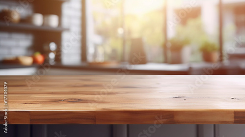 Wooden Counter Against Blurred Kitchen in Background © Voysla