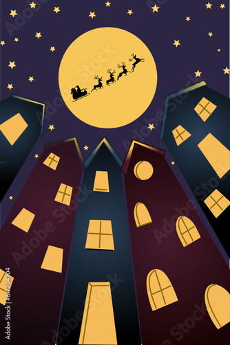 Christmas cartoon city on a moonlit night. Santa Claus flies in a harness with deer against the backdrop of the moon. Cute art for christmas or new year.