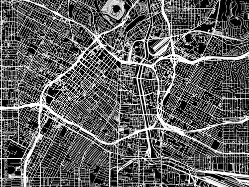 Vector road map of the city of Los Angelos Center California in the United States of America with white roads on a black background.