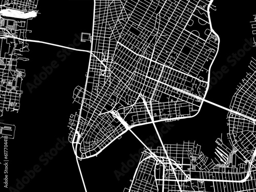Vector road map of the city of  Lower Manhattan New York in the United States of America with white roads on a black background.