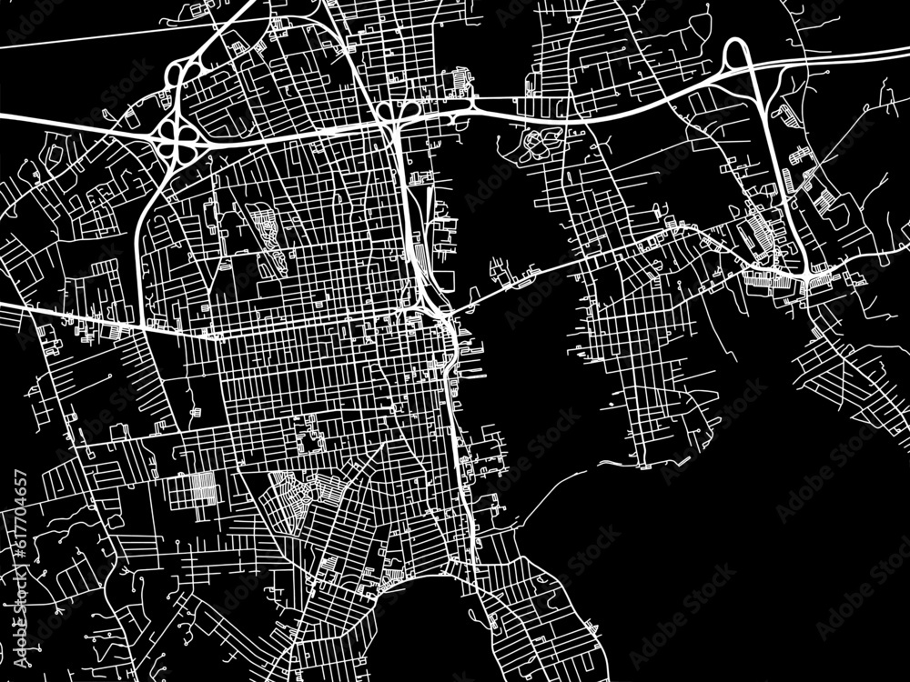 Vector road map of the city of  New Bedford Massachusetts in the United States of America with white roads on a black background.