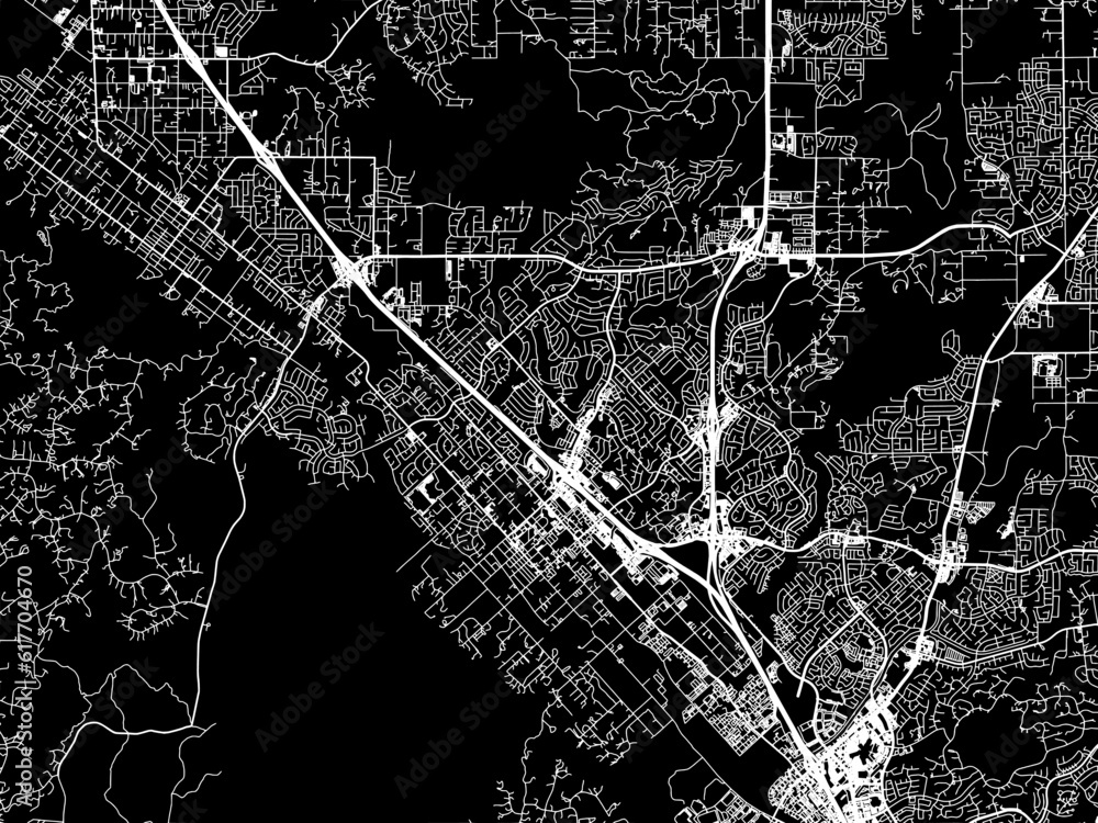 Vector road map of the city of  Murrieta California in the United States of America with white roads on a black background.