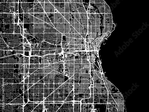 Vector road map of the city of  Milwaukee Wisconsin in the United States of America with white roads on a black background.