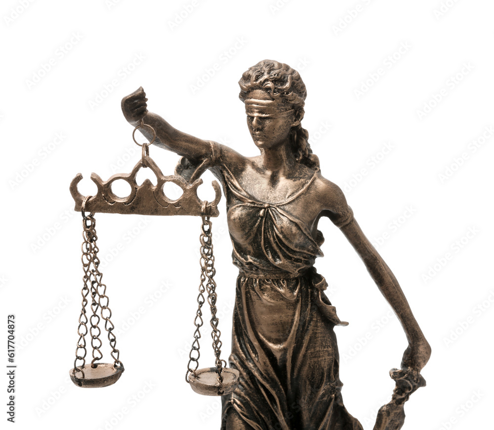 Statue of Lady Justice isolated on white. Symbol of fair treatment under law Statue of Lady Justice isolated on white. Symbol of fair treatment under law