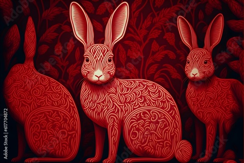 a design of pattern with rabbit themin red color 