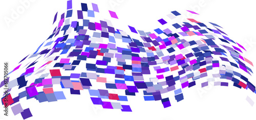 Scattered square particles ornament. Mosaic flight wind. Windy destroyed cell wall. Flight colored tiles flock direction stream.Leaf fall conditional parts single whole. Crash curved surface.