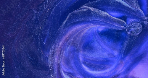 Blue shiny flow paint abstract backdrop. Swirl, flow Bright blue fluid art. Colors ink in motion. Purple-blue mix, splash liquid. Colorful shimmering acrylic. Floating glow particle. Sparkle shine 